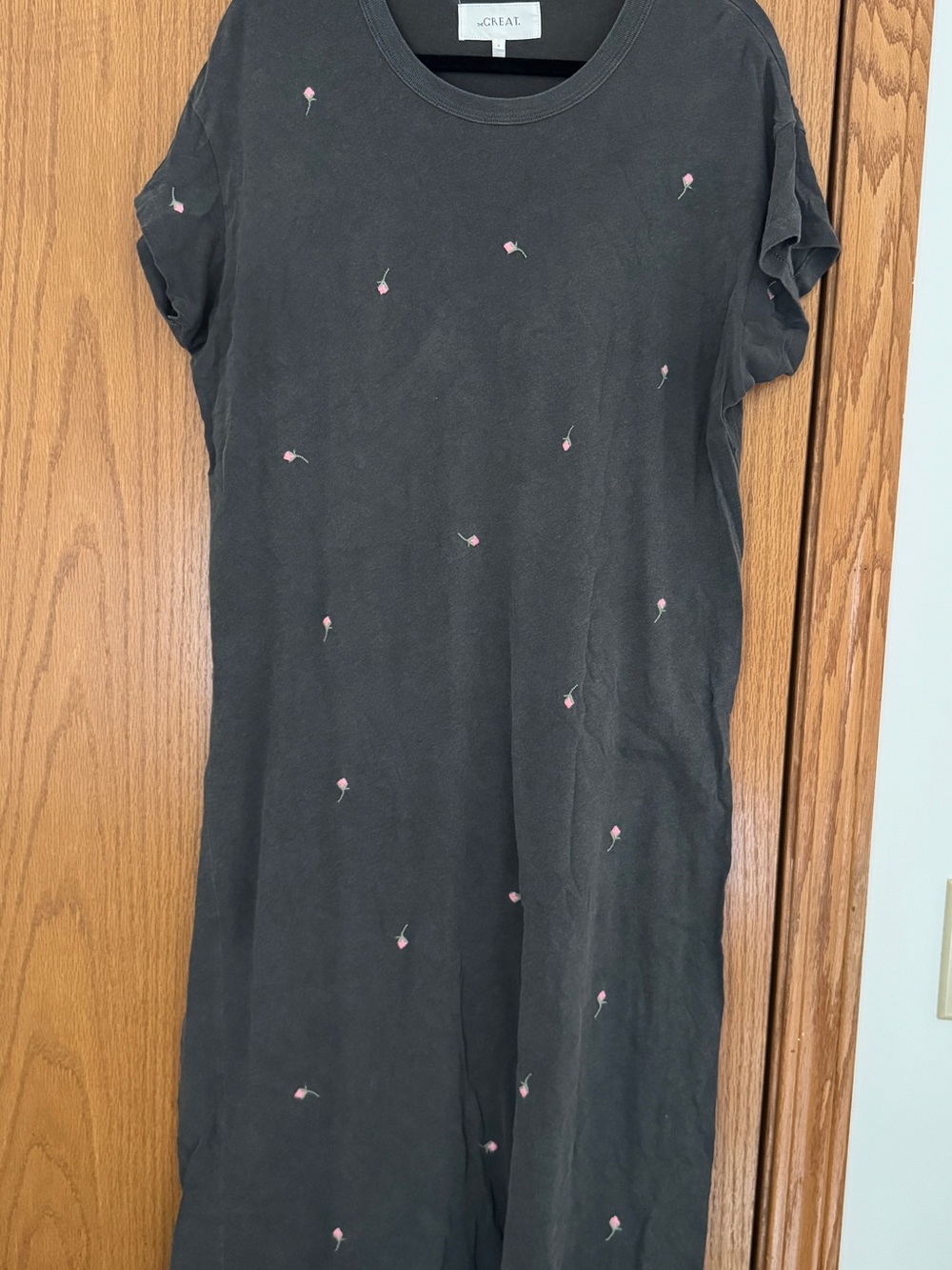 THE GREAT. Black Midi Tee Dress with Pink Rosebud Embroidery